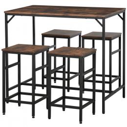 HOMCOM Bartisch-Set Stehtisch mit 4 Barhockern 5-teiliges Tischset Küchentresen Spanplatte Stahl Rustikales Braun+Schwarz 100 x 60 x 88 cm