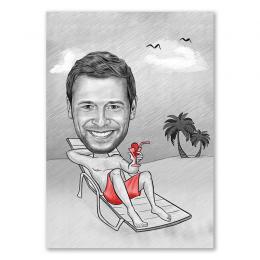 Karikatur vom Foto - Am Strand mit Cocktail Zeichnung mit rot (ca102man-penred)