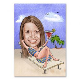 Karikatur vom Foto - Bikini am Strand mit Cocktail Zeichnung mit rot (ca102pen-color)