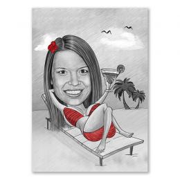 Karikatur vom Foto - Bikini am Strand mit Cocktail Zeichnung mit rot (ca102pen-red)