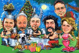 Karikatur vom Foto - Gruppe Gallier an Weihnachten (cju669)