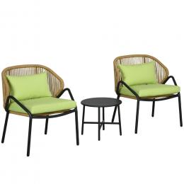 Outsunny 3-teilige Rattan Gartenmöbel-Set, Gartengarnitur mit 2 Gartenstühlen, Beistelltisch, Sitzgruppe mit Sitz- & Rückenkissen, für Balkon, Terrasse, Stahl, Grün
