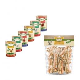 12 x 300g Lukullus Adult Frischebeutel + Kauknochen 750 g zum Sonderpreis! 12 x 300g Mixpaket Mediterran + Kauknochen Huhn 10 cm