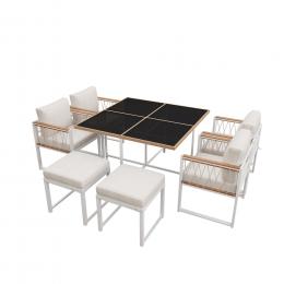 7-Teiliges Outdoor Esstisch- und Stuhlset mit Geh&auml;rtetem Glas, Rattangeflecht, Sitzkissen, f&uuml;r 6 Personen, Schwarz+Wei&szlig;