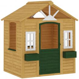 AIYAPLAY Kinder-Gartenhaus aus Fichtenholz, Au&szlig;enspielhaus mit 3 Fenstern, 2 Blumenk&auml;sten, T&uuml;r und Dach, f&uuml;r Kinder 3-8 Jahre, Innen & Au&szlig;en, 134.5x97x150 cm, Braun   Aosom