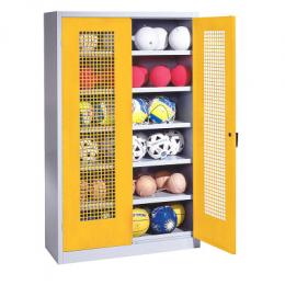 C+P Ballschrank mit Lochblech-Flügeltüren (Typ 3), HxBxT 195x120x50 cm, Verkehrsgelb (RAL 1023), Einzelschließung