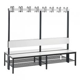 C+P Umkleidebank f&uuml;r Feuchtr&auml;ume mit R&uuml;ckenlehne, doppelseitig, Ca. Farbton RAL 9016 Verkehrswei&szlig;, 2 m, Mit Schuhrost