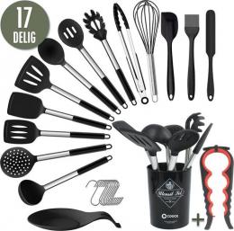 COOCK Kitchenware Set mit Halter XL - Kochgeschirr-Set 17-teilig - Silikon - BPA-frei & plastikfrei - aufh&auml;ngbar - inkl. Ã–ffner