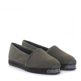 Espadrilles Santiago Veloursleder khaki Kaninchenfell Bast