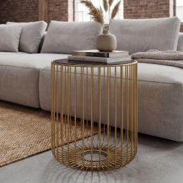 FineBuy Beistelltisch Glas Metall 40cm Gold Rund - Moderner Anstelltisch - Design Sofatisch Couchtisch Drahtkorb - Loungetisch mit Gittergestel - Runder Wohnzimmertisch Klein Handmade