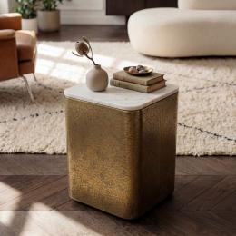 FineBuy Beistelltisch Metall mit wei&szlig;er Marmor Tischplatte 33cm quadratisch - Moderner Anstelltisch - Design Sofatisch - Loungetisch Couchtisch - Edler Wohnzimmertisch Handmade