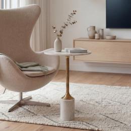 FineBuy Beistelltisch Metall mit wei&szlig;er Marmor Tischplatte 37cm rund - Moderner Anstelltisch - Design Sofatisch - Loungetisch Couchtisch - Edler Wohnzimmertisch Handmade