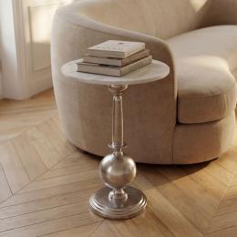 FineBuy Beistelltisch Rund 40x40cm Silber mit massiver Marmorplatte Wei&szlig; - Design Anstelltisch Metall Naturstein - Loungetisch Couchtisch Art Déco - Sofatisch Wohnzimmertisch Handmade