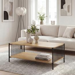 FineBuy Couchtisch 110x60cm Eiche Optik Rechteckig - Design Sofatisch Metall - Wohnzimmertisch Ablage - Loungetisch Stauraum - Beistelltisch Kaffeetisch