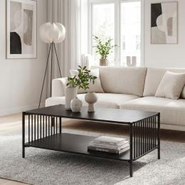 FineBuy Couchtisch 110x60cm Eiche Optik Schwarz Rechteckig - Design Sofatisch Metall - Wohnzimmertisch Ablage - Loungetisch Stauraum - Beistelltisch Kaffeetisch