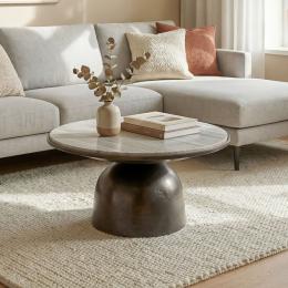 FineBuy Couchtisch 60cm Aluminium mit wei&szlig;er Marmor Tischplatte - Runder Wohnzimmertisch - Design Sofatisch - Moderner Loungetisch - Edler Beistelltisch Wohnzimmer Handmade