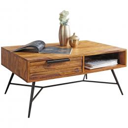 FineBuy Couchtisch NISHAN 87 x 41 x 55 cm Sheesham Massiv Holz, Design Holztisch mit Stauraum und Schublade, Massivholztisch Wohnzimmer, Retro-Industrial Wohnzimmertisch mit Metallbeinen