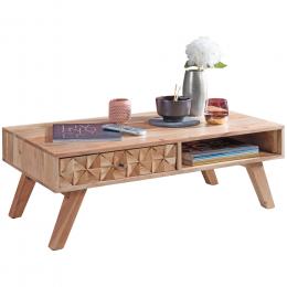 FineBuy Couchtisch REWA 95x35x50 cm Akazie Massivholz Sofatisch | Design Wohnzimmertisch mit Schublade | Stubentisch Landhaus braun | Designer Holztisch Kaffeetisch massiv | Tisch Wohnzimmer modern