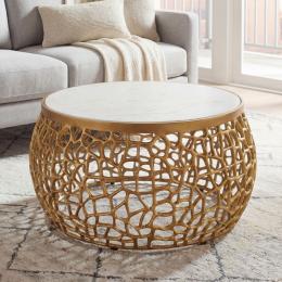 FineBuy Design Metall Couchtisch Gold mit wei&szlig;er Marmor Tischplatte 60 cm rund - Aluminium Wohnzimmertisch Modern - Loungetisch Alu Beistelltisch Wohnzimmer Handmade