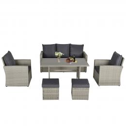 Garten Essgruppe mit Sofa-Set, Lounge & Hocker, ideal f&uuml;r Hof & Balkon, PE Rattan, Grau  Aosom.de