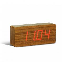 Gingko Slab Click Clock Wecker - teak / LED rot - 21x4,8x10 cm