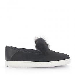 Halbschuh Slipper 8131 Leder Veloursleder grau Fell