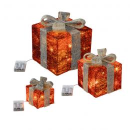 HHI Led Geschenkbox - 3 Stück - 3 Größen - Rot mit silbergrauer Schleife