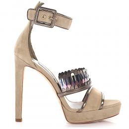 High Heels Glattleder Kalbsleder  Veloursleder Fransen beige gold pink