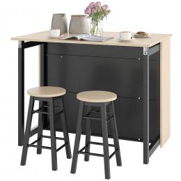 HOMCOM Bartisch mit Barhocker Set, 3-teiliges Bartisch Set, Esstisch mit Klappbarer Tischplatte, Küchentisch mit Schrank, Essgruppe für Esszimmer, Wohnzimmer, Schwarz   Aosom
