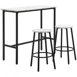 HOMCOM Bartisch-Set + 2 Hocker Stahlrahmen marmorierte Oberfläche 2 Personen Weiß   Aosom