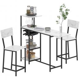 HOMCOM Ensemble table de bar mit Hockern, Stehtisch mit 2 Barhockern, klappbarer Tischplatte, Weinregal, Glashalter, offene Regale und Fu&szlig;st&uuml;tzen, wei&szlig;er Marmoreffekt   Aosom