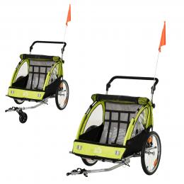 HOMCOM Fahrradanhänger 2 in 1 Kinderwagen  Joggerfunktion, 360° Drehbar, Sicherheitsgurt, Grün+Schwarz, 160x84x106cm  Aosom.de