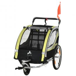 HOMCOM Kinderfahrradanhänger 2 in 1  Federung, Mesh-Tür, 360° Drehbares Vorderrad, Bremse, Gelb+Schwarz, 142x75x101cm  Aosom