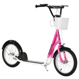 HOMCOM Kinderroller Scooter Tretroller mit Bremse Korb höhenverstellbar für 5-12 Kinder Roller Kickboard Aluminiumlegierung Gummi Rosa+Weiß   Aosom