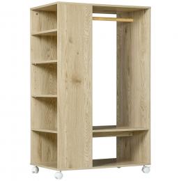 HOMCOM Kleiderschrank auf Rollen, Garderobenschrank mit 5 Offenen Fächern, 1 Kleiderstange, 1 Schuhablage, Garderobe, 80 x 50 x 129 cm, Natur
