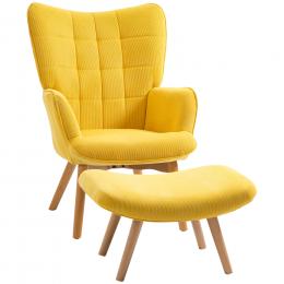 HOMCOM Relaxsessel Loungesessel Ohrensessel mit Hocker Armlehnstuhl mit Holzbeine in Cord-Optik Gelb