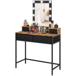 HOMCOM Schminktisch im Industriestil mit integriertem LED-Spiegel - Schwarzmetallfu&szlig; - 4 Stoffschubladen - dunkles Holzoptik 90L x 40B x 148H cm   Aosom