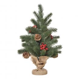 HOMCOM Weihnachtsbaum 50 cm mit 4 roten Beeren und 4 Tannenzapfen Kunsttanne 55 Zweige Stabiler und haltbarer Sockel PE Zement Sackleinen Ø28 x 50 cm