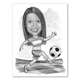 Karikatur vom Foto - Fussball weiss rot (andere Vereins-Shirts mgl.) Frau Zeichnung  (ca309woman-pen)