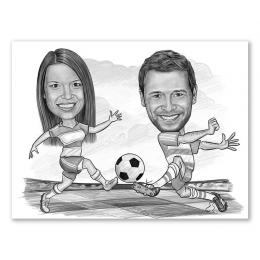 Karikatur vom Foto - Fussball weiss rot (andere Vereins-Shirts mgl.) Paar Zeichnung  (ca309couple-pen)