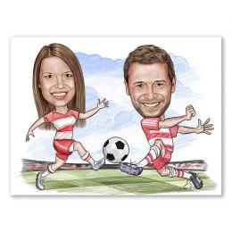 Karikatur vom Foto - Fussball weiss rot (andere Vereins-Shirts mgl.) Paar Zeichnung farbig (ca309couple-pen-color)