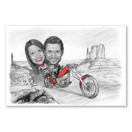 Karikatur vom Foto - Tour im Valley (andere Motorradtypen mgl.) Zeichnung  mir rot (ca403pen-red)