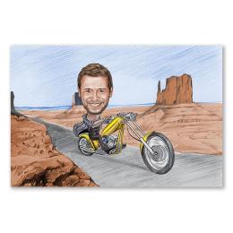 Karikatur vom Foto - Tour im Valley (andere Motorradtypen mgl.) Zeichnung mit rot (ca403man-pen-color)