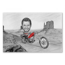 Karikatur vom Foto - Tour im Valley (andere Motorradtypen mgl.) Zeichnung mit rot (ca403man-pen-red)