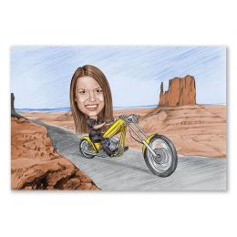 Karikatur vom Foto - Tour im Valley (andere Motorradtypen mgl.) Zeichnung mit rot (ca403woman-pen-color)