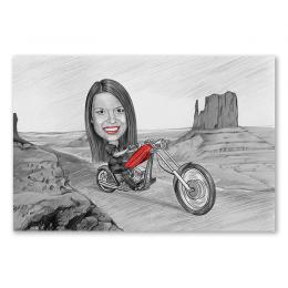 Karikatur vom Foto - Tour im Valley (andere Motorradtypen mgl.) Zeichnung mit rot (ca403woman-pen-red)