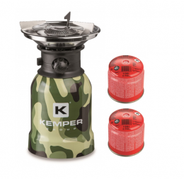 Kemper Edelstahl Camping-Gaskocher mit Piezo-Zündung - 1 Brenner + 2 Gaskanister