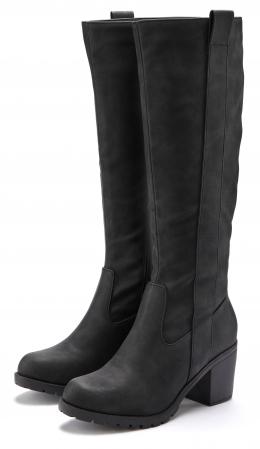 LASCANA Weitschaftstiefel, langer Stiefel mit Blockabsatz im Cowboy Stil VEGAN