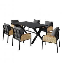 Modernes 6-teiliges Garten- und Terrassen-Esstisch-Set, kreuzf&ouml;rmigem Eisengestell, Schwarz+Naturfarbe