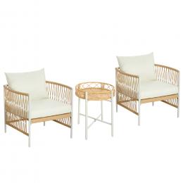 Outsunny 3er Set Rattan Gartenm&ouml;bel-Set, Gartengarnitur mit 2 Gartenst&uuml;hle, Couchtisch, Balkonm&ouml;bel-Set mit Kissen, f&uuml;r Balkon, Terrasse, Gelb+Creme
